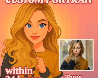 May include: Digital custom portrait illustration of a woman with blonde hair, blue eyes, and a yellow sweater. The text "CUSTOM PORTRAIT" is at the top, with "within 24 hours" and "Three revisions" below. A smaller photo is in the corner.