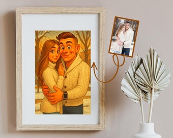 Peut inclure: Illustration encadrée d'un couple s'embrassant, vêtus de pulls crème, sur fond de paysage hivernal. Une photo plus petite du couple est attachée. Le cadre est en bois clair, et l'arrière-plan comprend un vase avec des feuilles séchées.