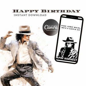 Carte d’anniversaire Michael – Carte numérique inspirée de Bad – Modèle Canva modifiable – Thème pop – Téléchargement instantané