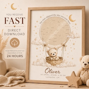Puede incluir: Una lámina enmarcada con un globo aerostático beige que contiene un mapa estelar, un osito de peluche en la cesta y nubes. El texto dice: The stars aligned the day you were born, Oliver, 14 APRIL 2026, 16:34, LONDON, UK. Incluye lunas y estrellas.