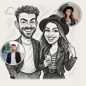 Retrato de caricatura personalizado en blanco y negro con pluma y tinta a partir de su foto