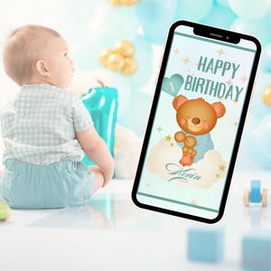 Cartão de aniversário digital personalizado para crianças – Ursinho fofo em uma nuvem com balão de coração – Nome e idade personalizados