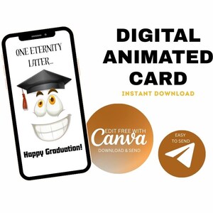 面白いアニメーション付き卒業カード | 編集可能なCanvaテンプレート | デジタルビデオカード | 2025年度卒業生へのギフト