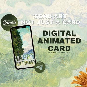 Cartão de aniversário animado – Saudação artística digital, vertical 1080x1920, download instantâneo