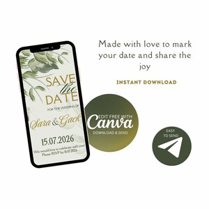 Puede incluir: Una tarjeta digital de guardar la fecha con un diseño floral verde y blanco. El texto dice "Save the Date" para la boda de Sara & Gack el 15.07.2026. La tarjeta está diseñada para ser editada en Canva y es fácil de enviar.