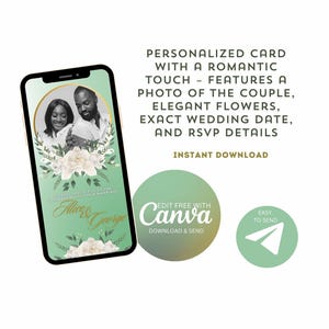 Puede incluir: Una plantilla de invitación de boda digital con una foto de una pareja, elegantes flores blancas y el texto "Alice & George". La plantilla es personalizable con Canva y se puede descargar y enviar fácilmente.