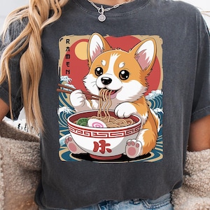 Comfort Colors® Cute Corgi Eating Ramen T-Shirt, Kawaii Japanese Noodle Dog, Anime Style Foodie Shirt, Ramen Lover Gift, Kawaii Corgi Shirt