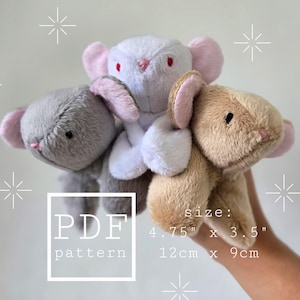 May include: Three plush toy mice in grey, white, and tan, each with pink ears and red eyes. The image includes the text "PDF pattern" and size measurements of 4.75" x 3.5" (12cm x 9cm).