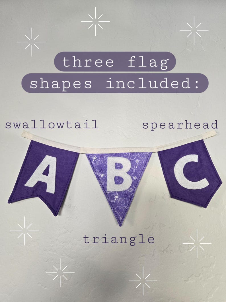 K&ouml;nnte beinhalten: Ein lila Banner mit den Buchstaben "ABC" in Wei&szlig;. Das Banner enth&auml;lt drei Flaggenformen: Schwalbenschwanz, Speerspitze und Dreieck. Der Text "three flag shapes included:" befindet sich &uuml;ber dem Banner.