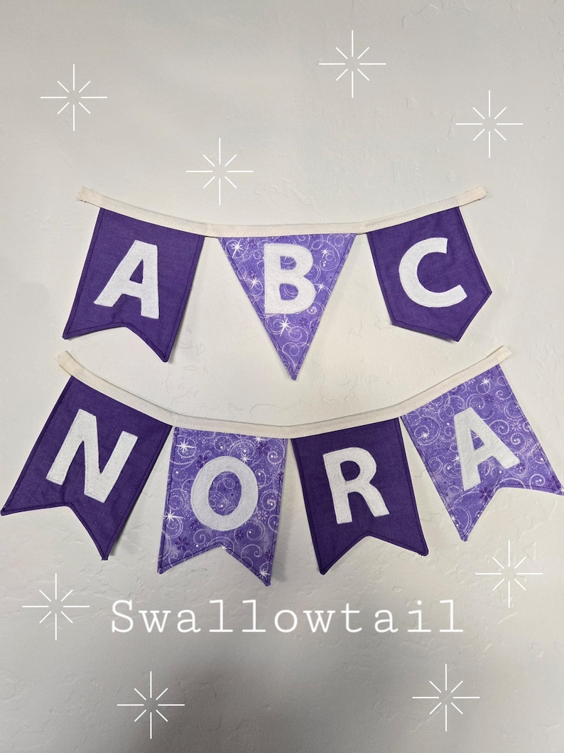 K&ouml;nnte beinhalten: Lila Stoffbanner mit den wei&szlig;en Buchstaben "ABC" &uuml;ber "NORA". Das mittlere Banner hat ein wei&szlig;es Blumenmuster. Das Banner ist an einem wei&szlig;en Stoff befestigt. Unter dem Banner steht das Wort "Swallowtail".