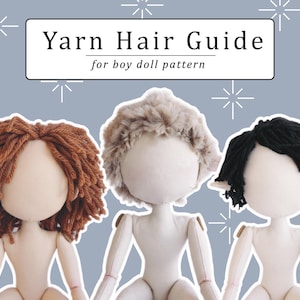 Puede incluir: Tres muñecos sin rostro de piel clara, cada uno con diferentes peinados de lana en colores óxido, beige y negro. El texto "Yarn Hair Guide for boy doll pattern" aparece en un recuadro rectangular sobre los muñecos en un fondo azul.
