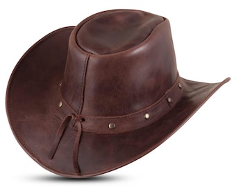 May include: A brown leather cowboy hat with a wide brim and a rounded crown. The hat features a leather band with decorative rivets and a leather tie. The hat is designed for sun protection and outdoor activities.