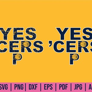 Puede incluir: Gráfico digital sobre un fondo amarillo con el texto "YES 'CERS" en azul marino, con un gráfico de baloncesto y la letra "P" debajo. El gráfico se repite. Debajo hay iconos de tipo de archivo.