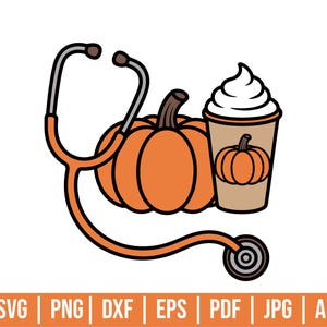 May include: A vector graphic featuring a stethoscope, a pumpkin, and a pumpkin spice latte. The stethoscope is orange and black, the pumpkin is orange, and the latte is brown with whipped cream. The image has a seasonal autumn theme.