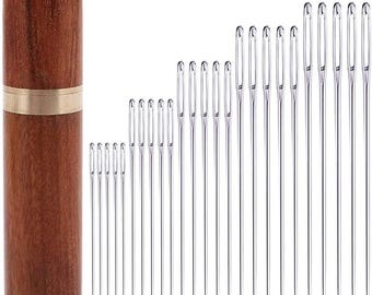 Big Eye Hand Sewing Needles with Wood Case - Embroidery, Quilting (25 Pieces)