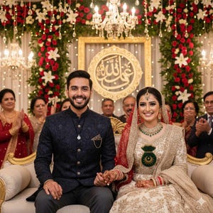 May include: A couple sits on a white sofa, holding hands, at a wedding. The woman wears a cream-colored dress with gold embroidery and a red veil. The man wears a navy blue jacket. The background features floral arrangements and a decorative emblem.