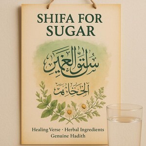 May include: A rectangular sign with the text "SHIFA FOR SUGAR" in green. The sign features Arabic calligraphy and floral illustrations. A glass of water sits on a wooden surface next to the sign.