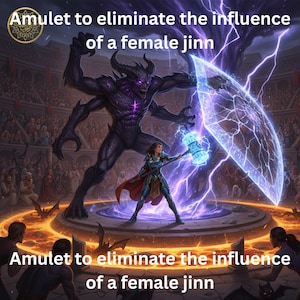 May include: Digital artwork depicting a battle scene with a female warrior wielding a glowing hammer against a large, horned demon. The image includes text that reads "Amulet to eliminate the influence of a female jinn."
