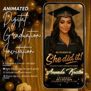 Black & Gold Animated Graduation Invitation: Editable Canva Template (Digital Download)