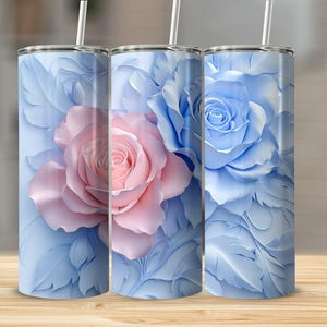 ピンクとブルーのバラのタンブラー、バラの花のデザインカップ、花柄のトラベルマグ、クールなコーヒー魔法瓶、ユニークな飲料容器