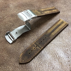 Correa de reloj de cuero engrasado marrón de tamaño 20/22/24 mm con hebilla de cierre desplegable n.° 143