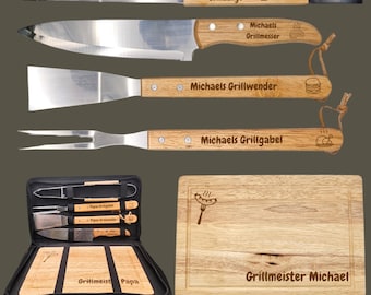 Grillset personalisiert 5-teilig mit Name | Grillbesteck Edelstahl Holzgriff | Geschenk Mann Vatertag Geburtstag | Grillmeister | für Väter