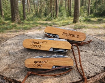 Taschenmesser mit Gravur personalisiert | Bambus Multitool Geschenk für Papa & Opa | Vatertagsgeschenk Männer | Messer mit Namen