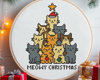 Feline Festive Tree Cross Stitch Pattern – Cute Cat Christmas Design for Embroidery Lovers and Holiday Needlework Gift Idea
