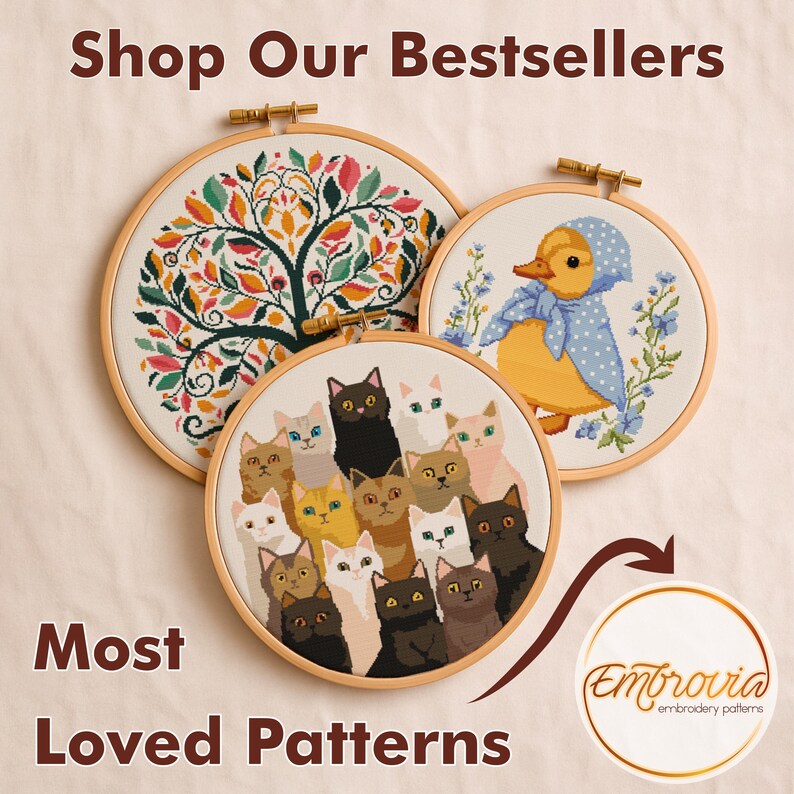 May include: Three embroidery hoops with colorful designs. One features a tree, another a duckling in a bonnet, and the third a group of cats. The text reads "Shop Our Bestsellers" and "Most Loved Patterns". The logo for Embrovia is also visible.