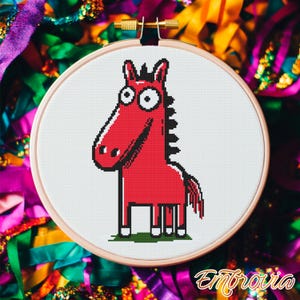 Surprised Red Horse – Funny cartoon cross stitch pattern in bold colors, includes PDF, SVG, and SAGA formats for instant download