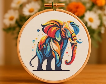 Colorful Elephant Cross Stitch Pattern – Bold Modern Animal Embroidery with Vibrant Abstract Style for Home Decor or Gifts