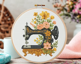 Vintage Sewing Machine Cross Stitch Pattern — perfect gift for sewists and embroidery lovers, adds elegance to any craft room.