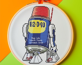 R2-D40 Beep Lube — funny sci-fi robot cross stitch pattern with retro can design and galaxy vibe • instant downloadable PDF