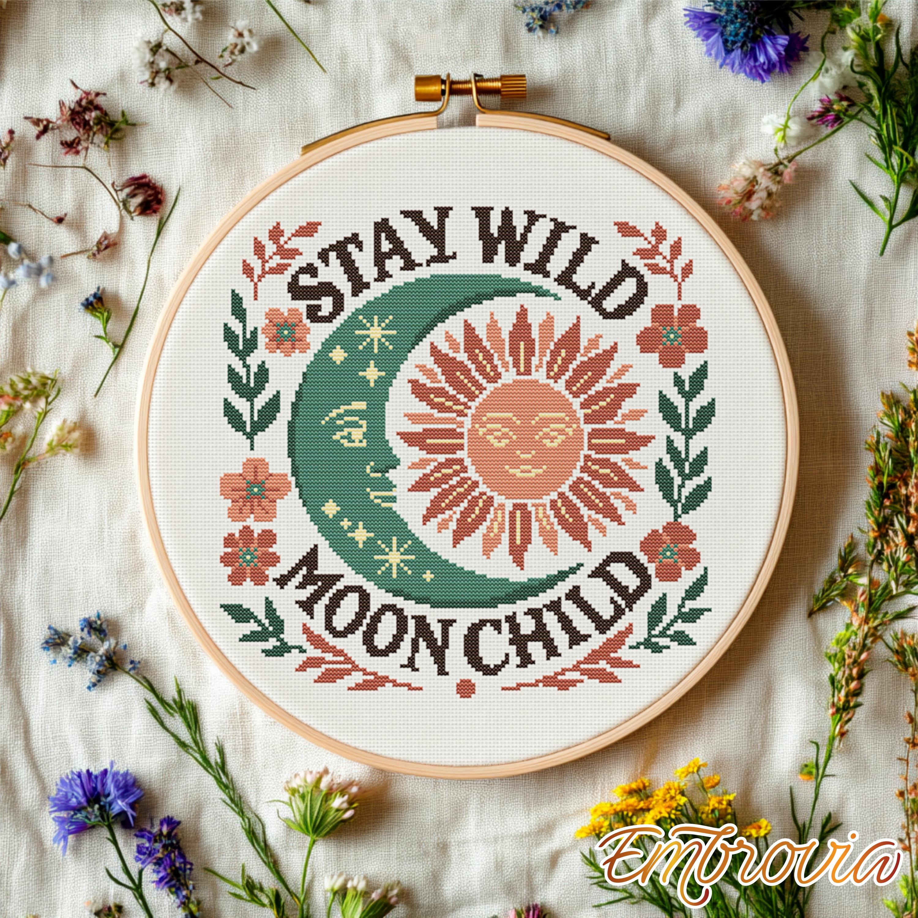 Stay Wild Moon Child – Celestial Sun and Moon Cross Stitch Pattern PDF, Boho Spiritual Quote Embroidery for Cosmic Home Decor