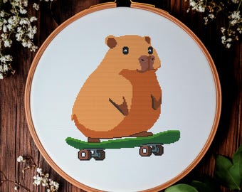 Capybara on Skateboard Cross Stitch Pattern | Funny Animal Embroidery (PDF)