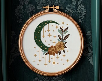 Moon and Flowers Cross Stitch Pattern – Celestial Floral Embroidery Chart with Stars, Boho Aesthetic, Easy Modern Decor Design