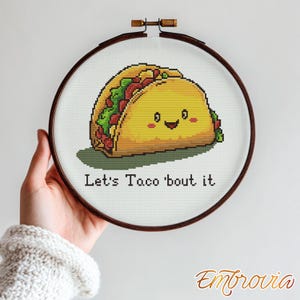 Let&#39;s Taco &#39;bout it - Funny Taco Cross Stitch Pattern, Kawaii Food Embroidery, Cute Modern Wall Art, Instant PDF Download for Beginners