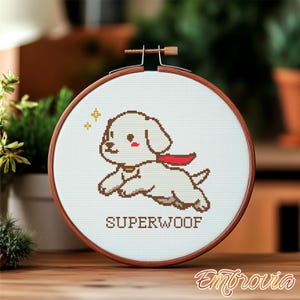 Patrón de punto de cruz Superwoof / Lindo perro superhéroe en PDF: divertido diseño de bordado de cachorro de dibujos animados para regalos hechos a mano y amantes de las mascotas.