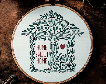 Home Sweet Home Cross Stitch – Wholesome House Pattern with Leaves and Heart, PDF Instant Download for Home Decor