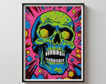 Psychedelic Skull Cross Stitch – Neon Horror Pattern PDF, Colorful Halloween Embroidery for Alternative Home Decor or Gifts