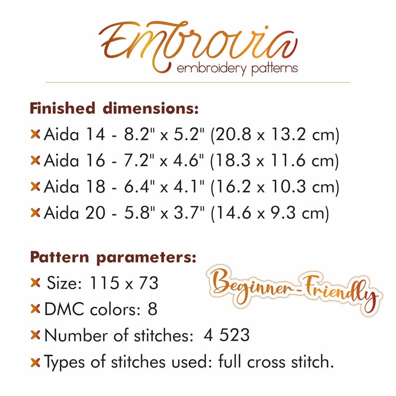May include: A white background with text for embroidery patterns. The logo reads "Embrovia embroidery patterns". Finished dimensions are listed in inches and centimeters. Pattern parameters include size, DMC colors, number of stitches, and stitch type.