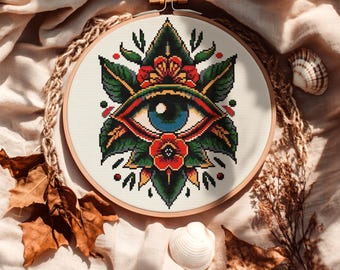 Mystic Eye Cross Stitch Pattern – Floral Magic Tattoo Inspired Embroidery PDF, All Seeing Eye Design, Witchy Boho Home Decor