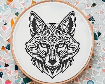 Mystic Tribal Fox Cross Stitch Pattern – Intricate Blackwork Animal Embroidery, Modern Wildlife Art, Instant Download PDF