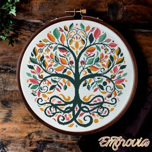 Patrón de punto de cruz del Árbol de la Vida: bordado floral de mandala moderno, diseño botánico inspirado en la naturaleza para decoración del hogar, descarga instantánea
