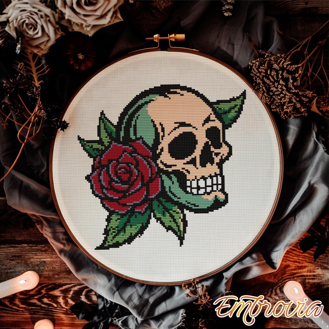 Skull With Red Rose Cross Stitch Pattern – Gothic Tattoo Style PDF for ...