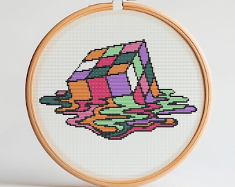 Glitched kubus kruissteekpatroon – Vaporwave abstract geometrisch borduurwerk pdf, moderne kleurrijke muurkunst doe-het-zelfpatroon