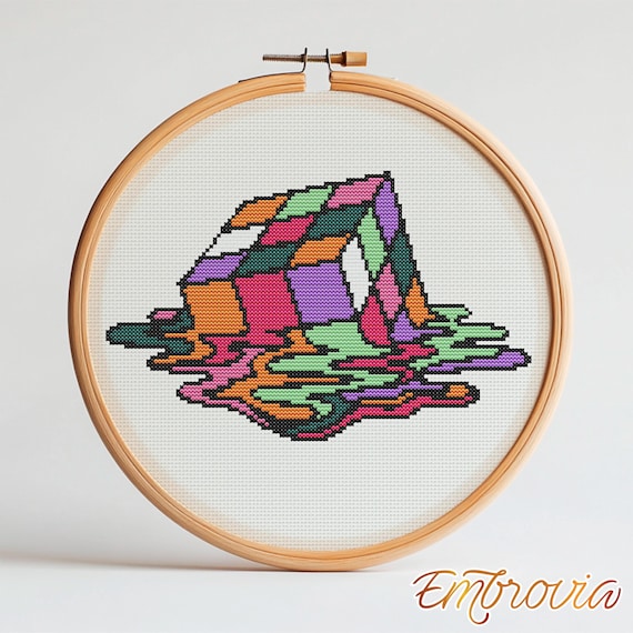 Glitched Cube Cross Stitch Pattern – Vaporwave Abstract Geometric Embroidery PDF, Modern Colorful Wall Art DIY Pattern