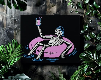 Floating Skeleton Summer Cross Stitch Pattern – Fun Gothic Beach Embroidery Design for Spooky Decor and Unique Handmade Gift Ideas