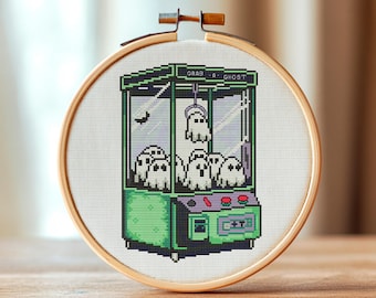 Ghost Claw Machine Cross Stitch Pattern – Cute Spooky Arcade Game Embroidery PDF, Halloween Kawaii Decor for Gamers & Stitchers