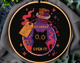 Bewitched Bottle Cat — spooky cute cross stitch pattern with magic potion, cosmic sparkles and “Open it” note • instant PDF
